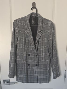 Black and Gray/Blue Plaid Double-Breasted Blazer